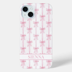 Pink Coquette Bows Striped Monogrammed iPhone 15 Mini Case