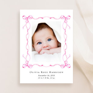 Pink Coquette Bows Watercolor Photo Girl Birth Announcement