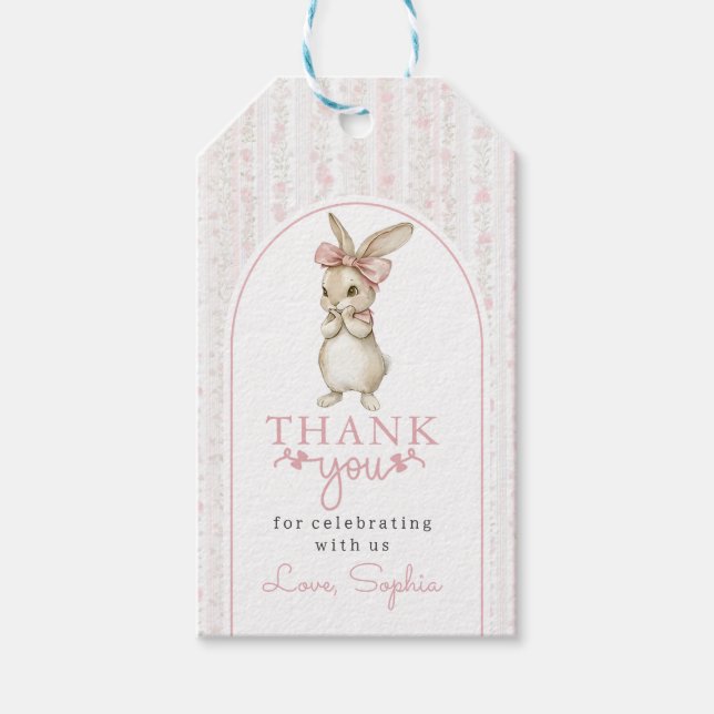 Pink Coquette Bunny Birthday Gift Tags (Front)