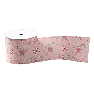 Pink Coquette Candy Cane Pattern Holiday Grosgrain Ribbon