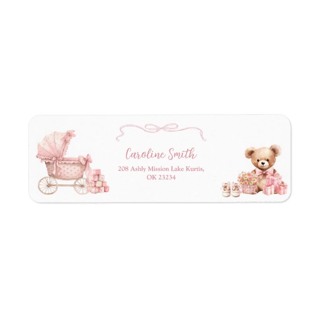 Pink Coquette Carriage Baby Shower Address Label (Front)