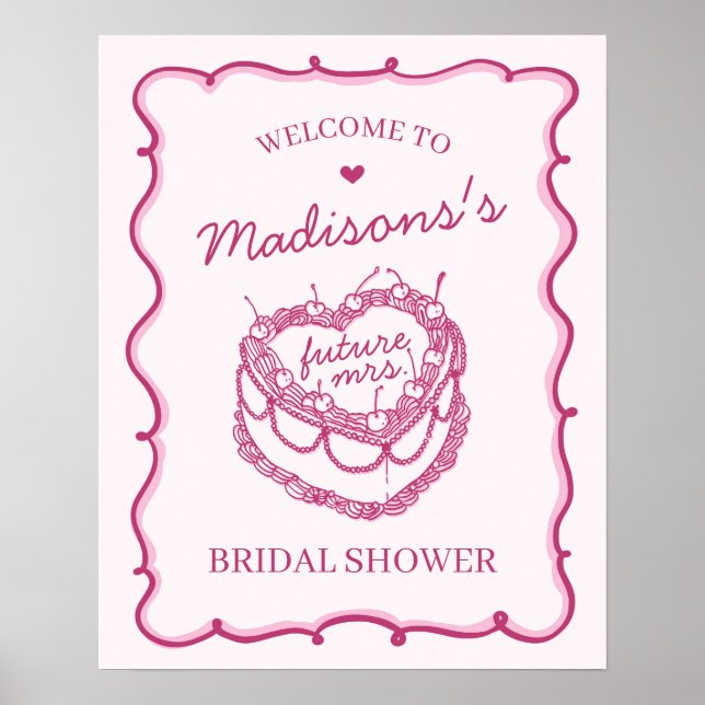 Pink Coquette Cherry Cake Bridal Shower Welcome Poster (Front)