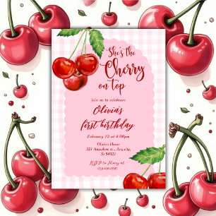 pink Coquette Cherry on top Girl 1st Birthday  Invitation