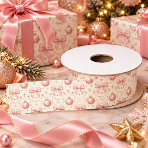Pink Coquette Christmas Bows & Pearls Satin Ribbon