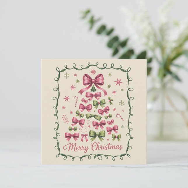 Pink Coquette Christmas Tree Girly Trendy Xmas Holiday Card (Standing Front)