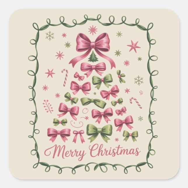 Pink Coquette Christmas Tree Girly Trendy Xmas Square Sticker (Front)