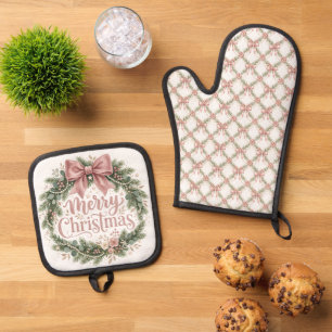 Pink Coquette Christmas Trellis Pinkmas Oven Mitt & Pot Holder Set