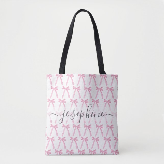 Pink coquette cute bow ribbons personalised tote bag (Front)