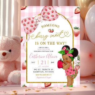 Pink Coquette Gingham Strawberry Sweet Baby Shower Invitation