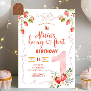 Pink Coquette Girl Berry Sweet First Birthday Invitation