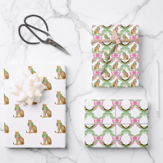 Pink Coquette Leopard Christmas Wrapping Paper Sheet (Front)