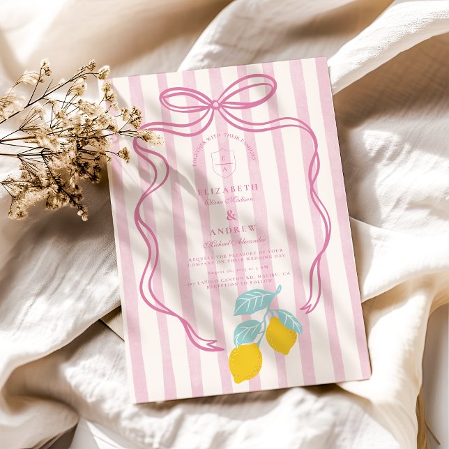 Pink Coquette Mediterranean Wedding with Lemons  Invitation (Creator Uploaded)
