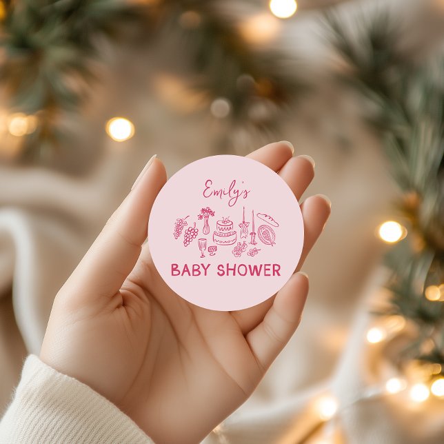 Pink coquette modern hand drawn baby shower classic round sticker (Creator Uploaded)