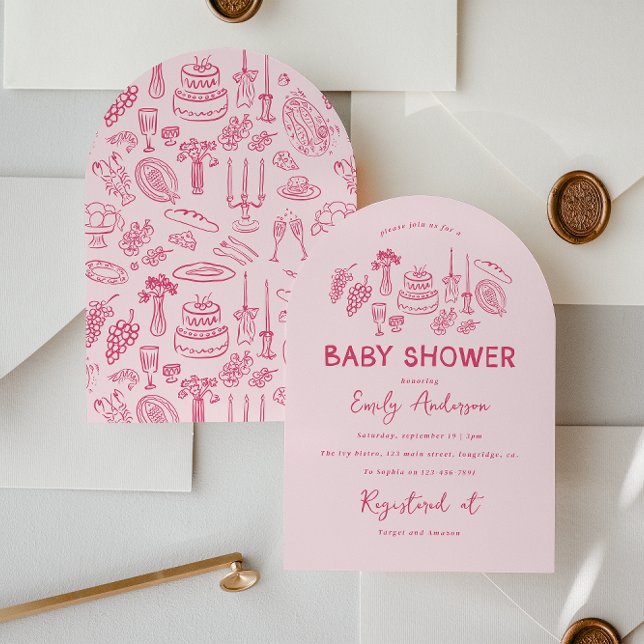 Pink coquette modern hand drawn baby shower invitation (Creator Uploaded)