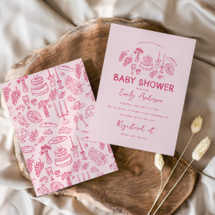 Pink coquette modern hand drawn baby shower invitation