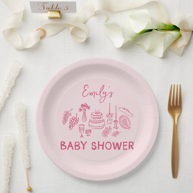 Pink coquette modern hand drawn baby shower paper plate (Wedding)
