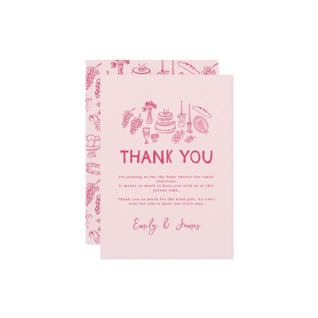 Pink coquette modern hand drawn Thank You (Front/Back In Situ)
