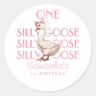 Pink Coquette One Silly Goose Girl 1st Birthday Classic Round Sticker