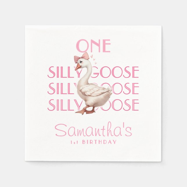 Pink Coquette One Silly Goose Girl 1st Birthday Napkin (Front)