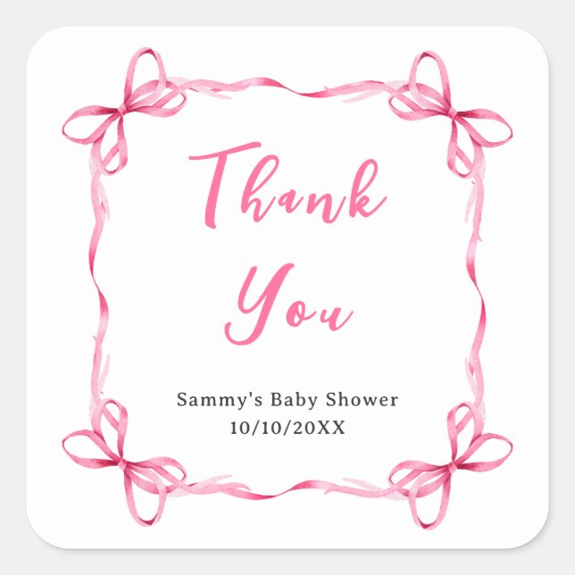 Pink Coquette Ribbon Baby Shower Thank You Square Sticker (Front)