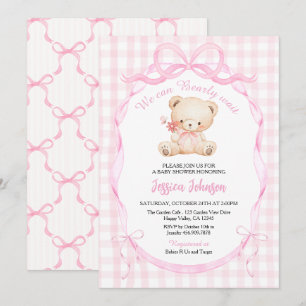 Pink Coquette Ribbon Bow Bear Girl Baby Shower Invitation