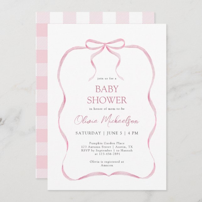 Pink Coquette Ribbon Bow Modern Girl Baby Shower Invitation (Front/Back)