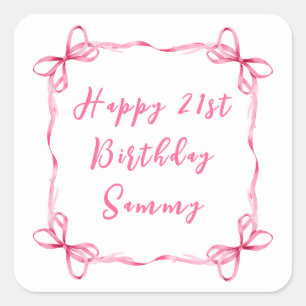 Pink Coquette Ribbon Happy Birthday Square Sticker
