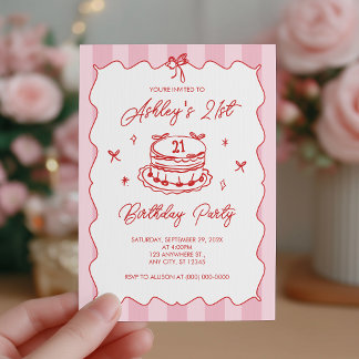 Pink Coquette Striped Vintage Bow 21st Birthday Invitation