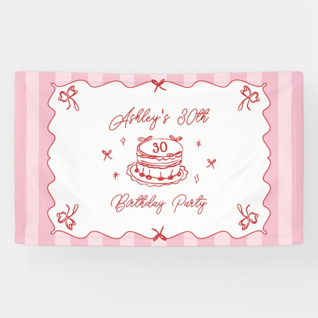 Pink Coquette Striped Vintage Hand Drawn Birthday Banner (Horizontal)
