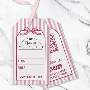Pink Coquette Stripes & Bow Handdrawn Your Logo Gift Tags
