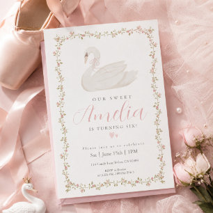 Pink Coquette Swan Floral Girl Birthday Invitation