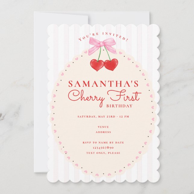 Pink Coquette Watercolor Cherry First 1st Birthday Invitation (Front)