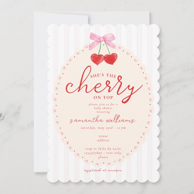 Pink Coquette Watercolor Cherry On Top Baby Shower Invitation (Front)