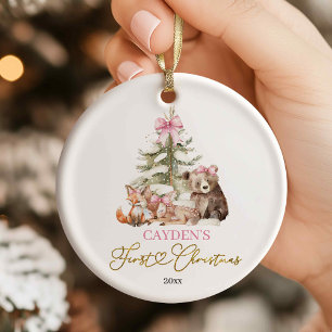Pink Coquette Woodland First Christmas Ornament