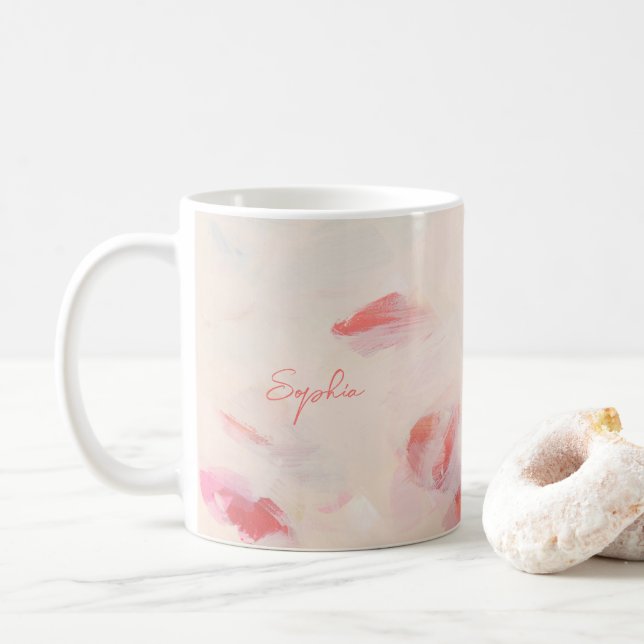 Pink & Coral Abstract Art Painting Name Coffee Mug (With Donut)