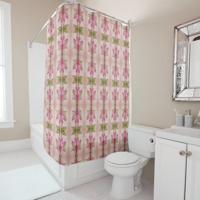 Pink coral and green shower curtain (In Situ)