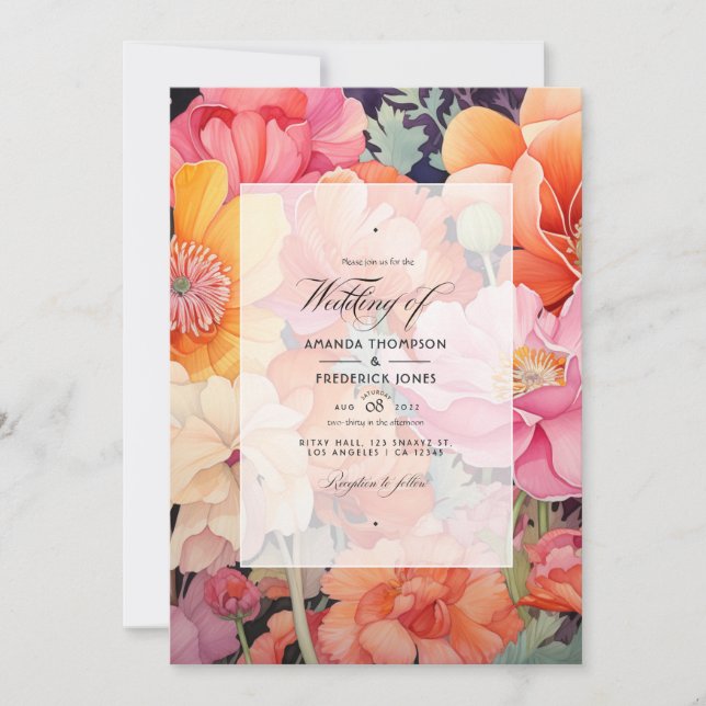 Pink, Coral and Orange Floral Wedding Invitation (Front)