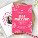 Pink Coral Bat Mitzvah Photo Starburst Bold Groovy Invitation<br><div class="desc">Be proud, rejoice and showcase this milestone of your favourite Bat Mitzvah with this fun, trendy, groovy, personalised invitation! Retro white and blush pink flower starbursts with Stars of David, as well as bold modern blush pink and white sans serif typography, overlay a bright coral pink background. On the back,...</div>