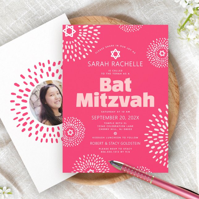 Pink Coral Bat Mitzvah Photo Starburst Bold Groovy Invitation (Creator Uploaded)