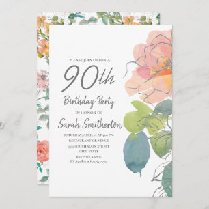 Pink Coral Boho Watercolor Floral 90th Birthday Invitation
