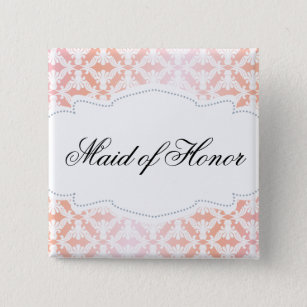 Pink & Coral Damask Maid of Honour 15 Cm Square Badge
