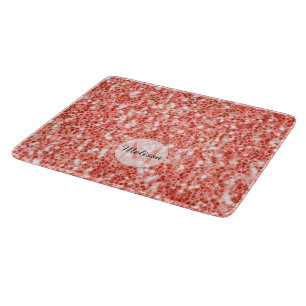 Pink coral dark glitter sparkles Monogram Cutting Board