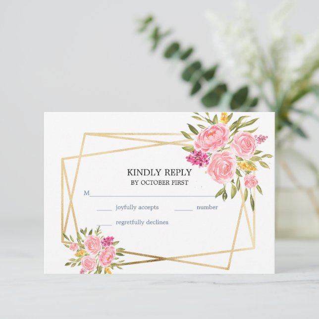 Pink Coral Floral and Gold Frame RSVP Card (Standing Front)