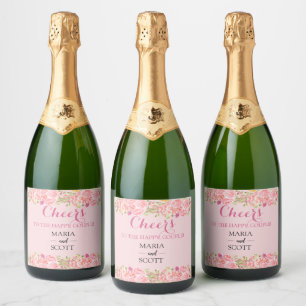 Pink, Coral Floral and Gold  Sparkling Wine Label