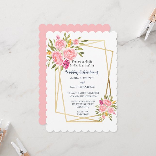 Pink Coral Floral and Gold Wedding Invitation (Front/Back In Situ)