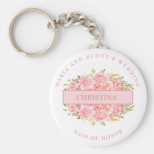 Pink Coral Floral Bridal Party Keychain (Front)