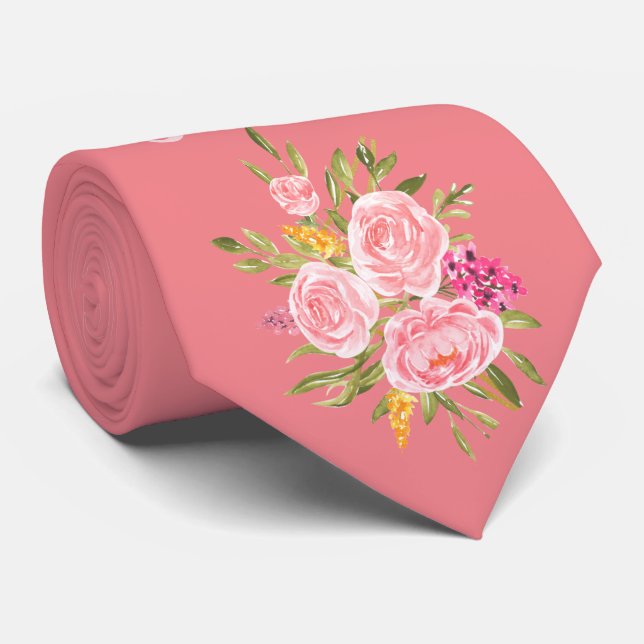 Pink Coral Floral Father of the Bride Neck Tie (Rolled)