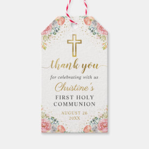 Pink Coral Floral First Holy Communion Thank You Gift Tags