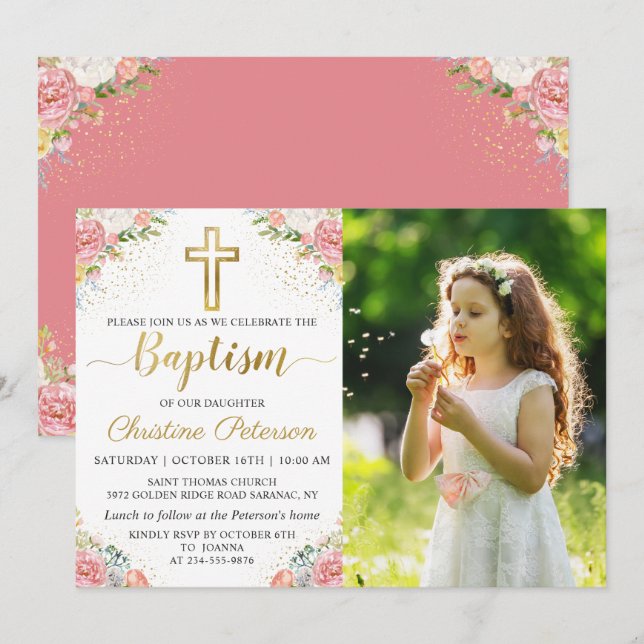 Pink Coral Floral Gold Glitter Girl Baptism Photo Invitation (Front/Back)