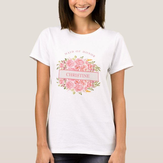 Pink Coral Floral Maid of Honour T-Shirt (Front)